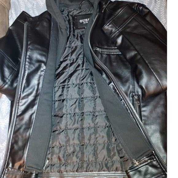 Men's Faux Leather Motorcycle Jacket With Detachable Hood Black Size Large - Picture 10 of 14